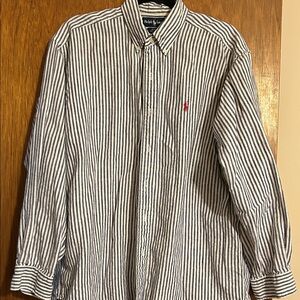 Ralph Lauren Men's Navy and White Striped Button-Down Shirt